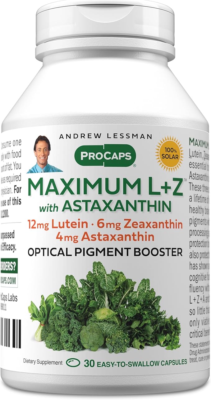 ANDREW LESSMAN Maximum L+Z with Astaxanthin 30 Softgels - 12mg Lutein 6mg Zeaxanthin 4mg Astaxanthin. Key Nutrients to Support Eye and Brain Health and Promote Healthy Vision.