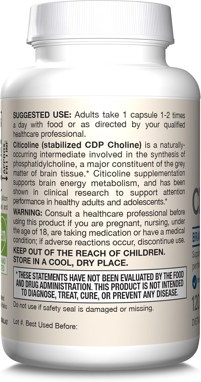 Jarrow Formulas Citicoline CDP Choline 250 MG CDP Choline Supplement Supports Brain Health Performance and Memory 120 Capsules Up to a 120 Day Supply Pack of 12