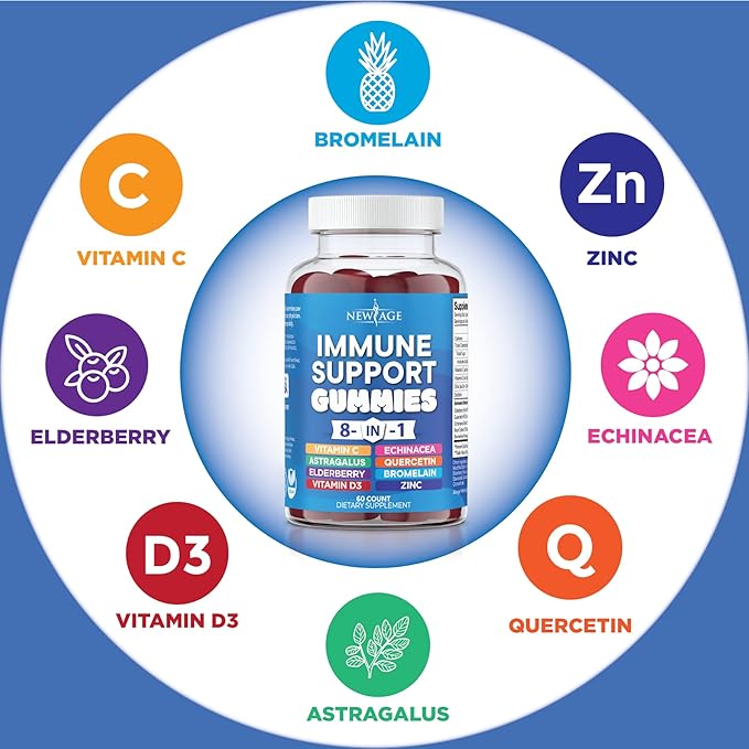 NEW AGE 8 in 1 Immune Support Booster Supplement with Elderberry Vitamin C and Zinc 50mg Vitamin D 5000 IU Quercetin &amp Bromelain (8 in 1 Gummies (Pack of 1))