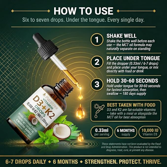 Vitamin D3 + K2 Drops 10000 IU D3 with 200mcg K2 (MK7) Peppermint Flavour Organic MCT Coconut Oil 60mL 6 Month Supply
