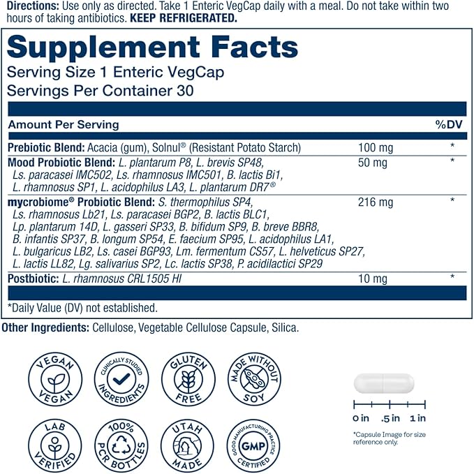 SOLARAY Mycrobiome Complete Probiotic Mood Formula - Pre and Probiotics for Women and Men Plus Postbiotic - 50 Billion CFU 28 Strains - Vegan Clinically Studied Ingredients - 30 Servings 30 VegCaps
