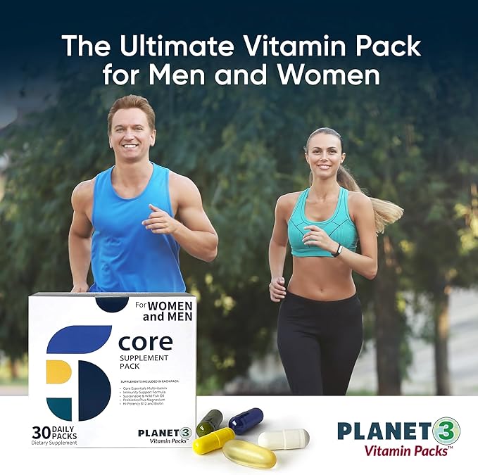 Planet 3 Vitamin Packs Daily Vitamins for Both Men &amp Women Energy Immune &amp Heart Support | Multivitamin Vitamin D Omega 3 Probiotics Biotin B12 &amp More | Core Supplements | 90 Daily
