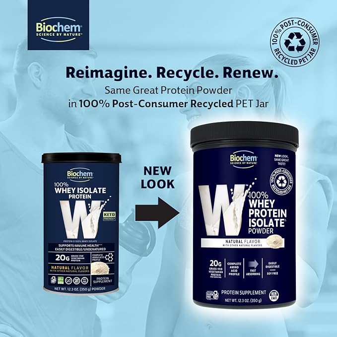 Biochem 100% Whey Isolate Protein - Natural Flavor - 12.3 Ounce Preworkout &amp Immune Health - 20g Vegetarian Protein - Easily Digestible - Refreshing Taste - Keto Friendly &amp Easy To Mix…