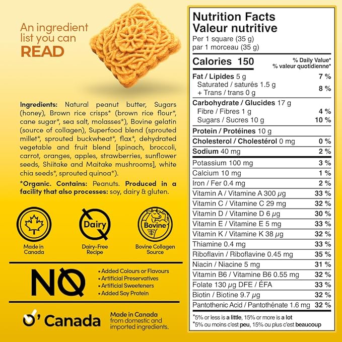 Zentein Elite Square Protein Peanut Butter &amp Honey Snack Square Bar – Crispy Rice and Superfood Blend – 10g Protein 12 Essential Vitamins 150 Calories – 12‑Count Box