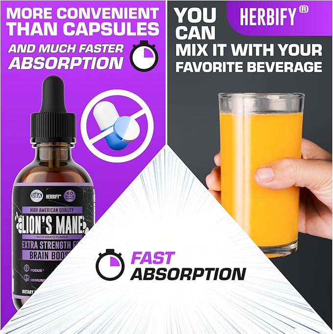 HERBIFY Lions Mane Supplement - Daily Mushroom Supplement for Memory Focus &amp Clarity - Brain Booster - Lions Mane Tincture for Immune Support - 4 Fl oz Grape Flavor