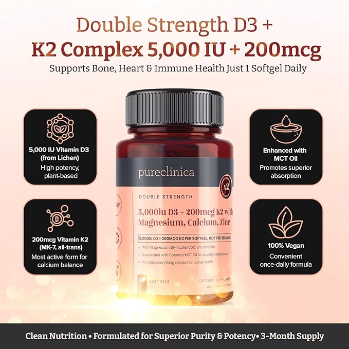 pureclinica Double Strength D3 + K2 Complex x 540 Vegan Softgels (6 Bottles of 90) – 5000 IU D3 + 100mcg K2 with Magnesium Calcium &amp Zinc – 18 Months Supply