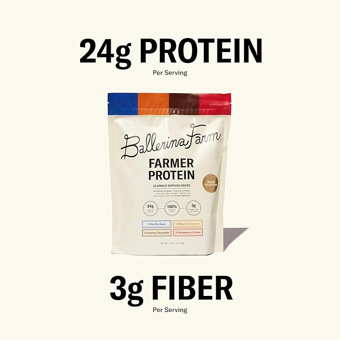 Ballerina Farm Grass Fed Whey Protein Powder 4 Flavor Variety Pack 24g Protein with Collagen Peptides Bovine Colostrum Hemp Hearts &amp Prebiotic Fiber No Artificial Ingredients 12 Servings