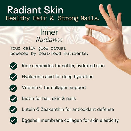 Adapt Naturals Inner Radiance Hair Skin and Nails Vitamins for Women and Men with Biotin Collagen Hyaluronic Acid Vitamin C &amp Ceramides - Thicker Hair Stronger Nails &amp Hydrated Skin Supple