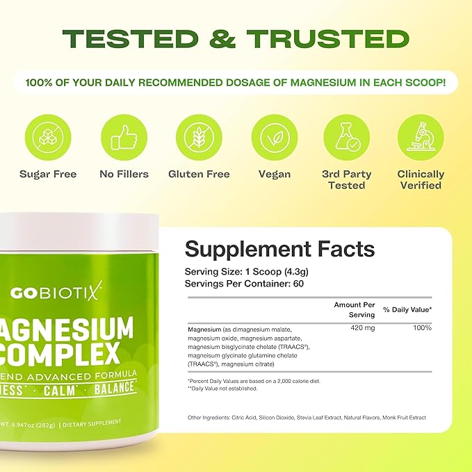 GoBiotix Magnesium Glycinate Powder – Cortisol Supplements for Women and Men – High Absorption Magnesium Complex Calm Supplement with Citrate Malate – Sugar Free – 420 mg 60 Servings - Lemon Lime