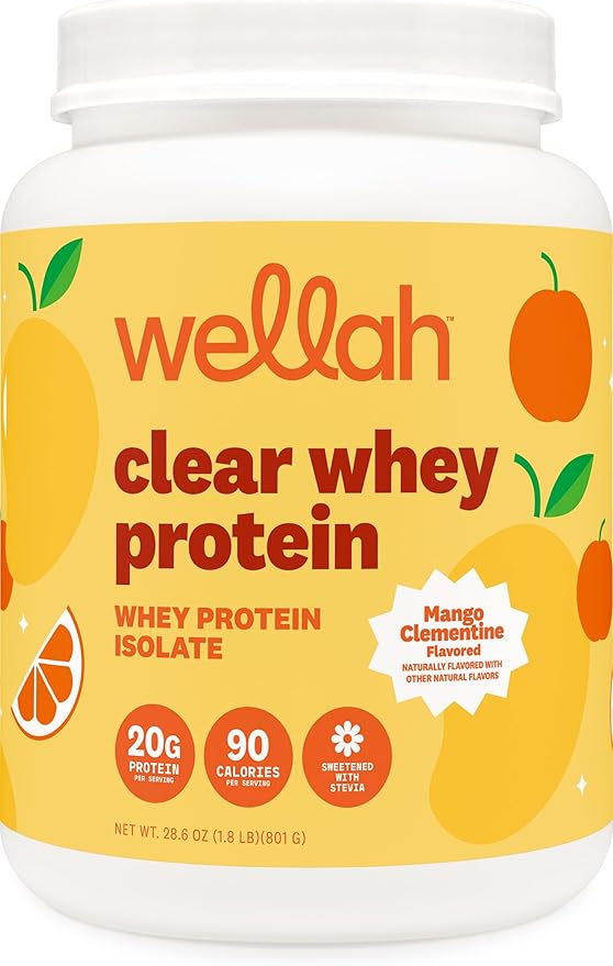 Wellah Clear Whey Protein Isolate Powder (Mango Clementine) 30 Servings - 20g of Protein 90 Calories Sweetened with Stevia