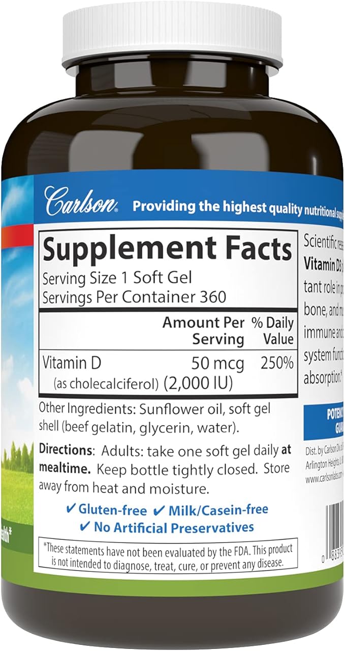 Carlson - Vitamin D3 2000 IU (50 mcg) Bone Health Muscle Health Cholecalciferol Vitamin D Supplements Vitamin D3 Soft Gels 360 Softgels