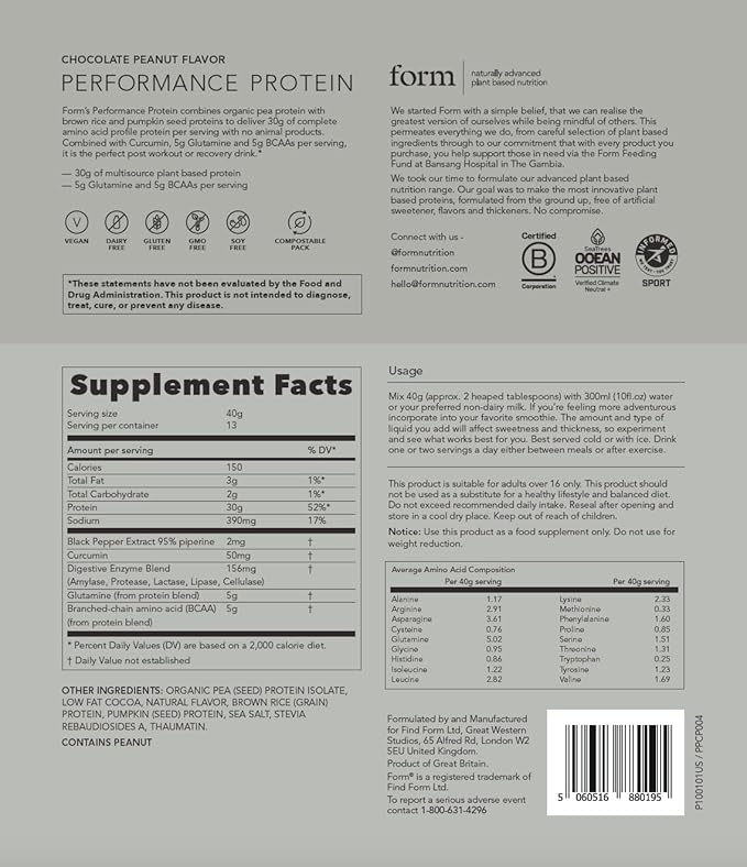Form Performance Protein - Vegan Protein Powder - 30g of Plant Based Protein per Serving with BCAAs. Perfect Post Workout. Tastes Great with Just Water! (Chocolate Peanut)
