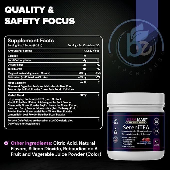 Magnesium Potassium + Ashwagandha Powder–Mixed Berries FlavorDietary Supplement Drink Mix ChamomileLavenderPassionflower &amp Herbal BlendRelaxation &amp Calm Support FormulaVegan–30 Servings