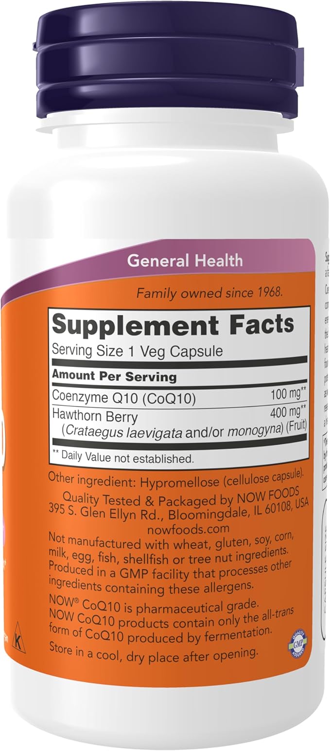 NOW Foods Supplements CoQ10 100 mg with Hawthorn Berry Pharmaceutical Grade All-Trans Form produced by Fermentation 90 Veg Capsules