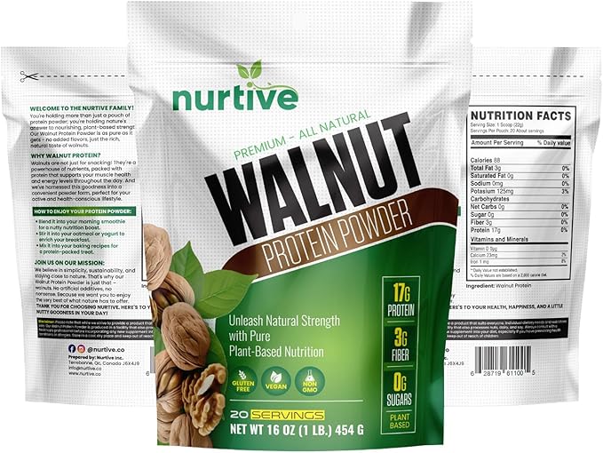 Walnut Protein Powder - Rich in Omega-3 &amp Plant-Based Protein - Antioxidant Boost - Ideal for Smoothies &amp Baking - Gluten Free Vegan Non GMO - 20 Servings (16 oz / 454 g)