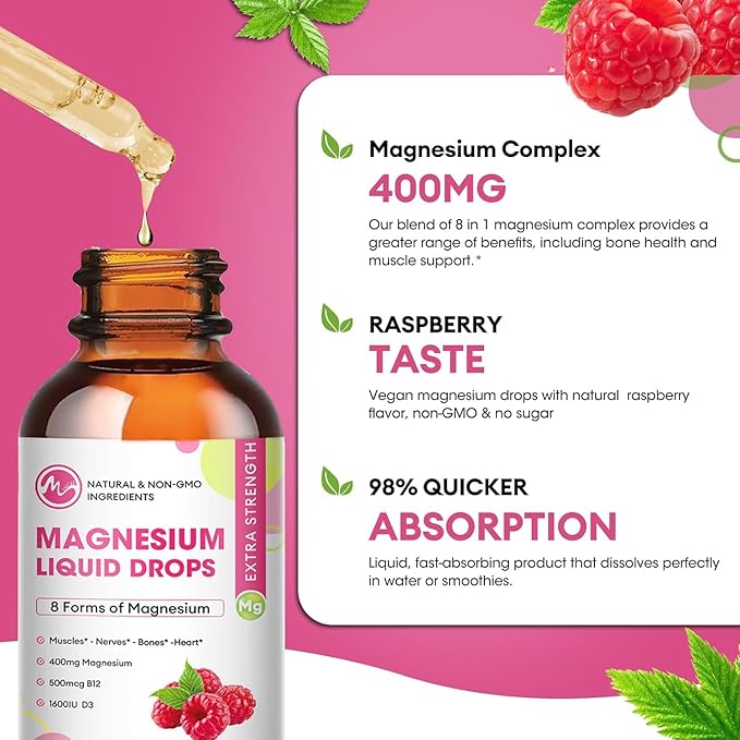 (3 Pack) Magnesium Liquid Drops - 8 in 1 Magnesium Complex Supplement with Magnesium Glycinate Citrate Malate Taurate for Brain Night Muscle Bone Cramps Raspberry Flavor