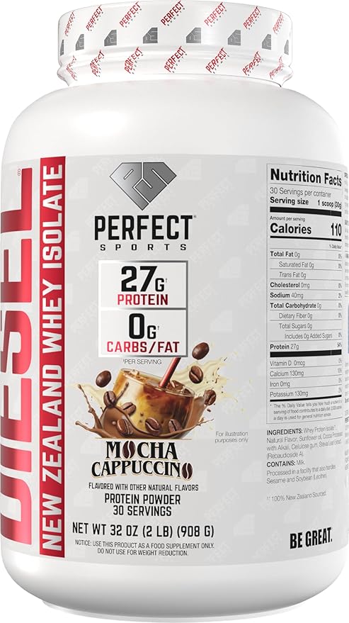 PERFECT SPORTS Diesel 100% New Zealand Whey Protein Isolate | Stevia Sweetened No Artificial Ingredients Keto | 0g Carb 0g Fat 26g Protein | 2 Pounds (Mocha Latte Cappuccino)
