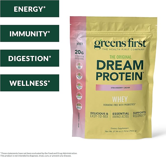 Greens First Dream Protein Powder Whey - 20g Protein Per Serving - Hormone-Free with Prebiotics - Non-GMO - No Artificial Sweeteners/MSG/Aspartame (Strawberry Cream 27.96 oz)