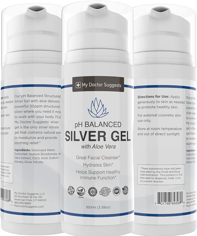 Extra Strength Colloidal Silver Gel 30ppm with Aloe Vera - pH Balanced Structured Silver - Triple Strength Soothe &amp Relieve - Easy Pump Bottle 3.38Oz (4 Pack)