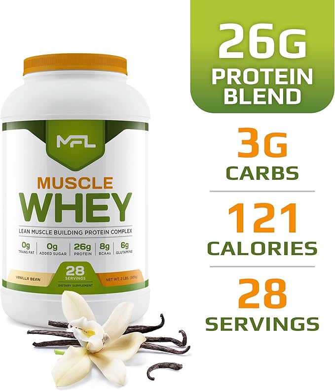 MFL Muscle Whey Protein 2 lbs l 26g of Protein l 8g BCAAs l 6g Glutamine l Low Carbs l 28 Servings (Vanilla Bean)