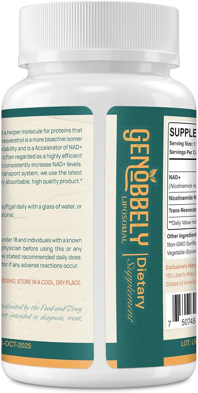 800 mg Liposomal NAD+ Supplement with Nicotinamide Riboside 200 mg Trans-Resveratrol 100 mg - True NAD Supplement for DNA Repair Healthy Aging Brain Function - 360-Day Supply