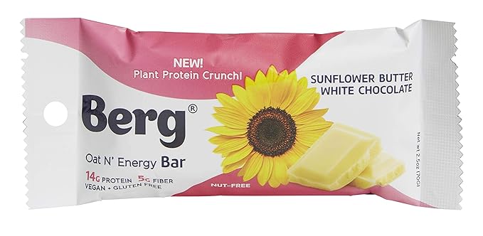 Berg Oat N' Energy Bar | Sunflower Butter White Chocolate | Plant Based Protein Bar | Non-GMO Gluten Free Nut Free and Vegan | Low Sugar Healthy Snack Bar | High Fiber | On The Go | 2.5oz (8 Packs)