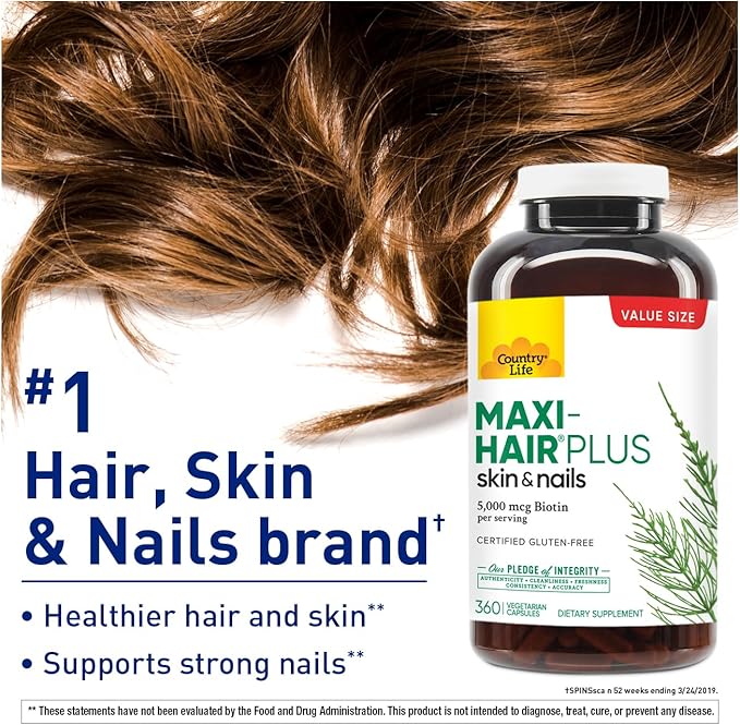 Country Life Maxi-Hair Plus 5000 mcg Biotin 360 Capsules Certified Gluten Free Certified Vegetarian