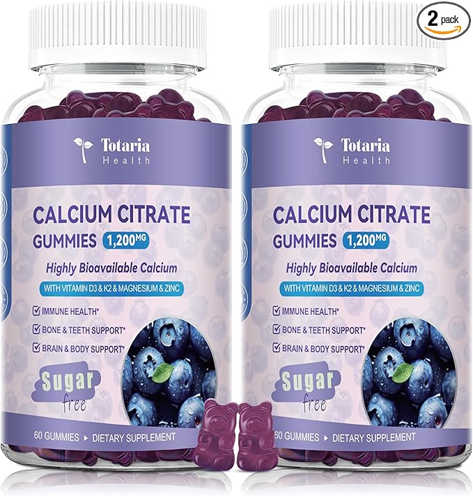 2 Pack Calcium Citrate Gummies 1200 mg - Calcium Supplements for Women with Vitamin D3 &amp K2MagnesiumZinc - Sugar Free Calcium Gummies for Bone &amp Teeth &amp Immune Support- Blueberry Flavor
