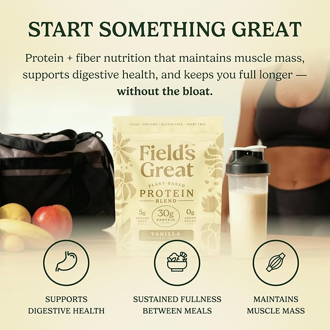 Field's Great All-in-One Plant-Based Vanilla Protein Shake Powder – Healthy Aging 30g Protein 5g Fiber + Probiotics Gut-Friendly Blood Sugar &amp Muscle Support Vegan Meal Replacement GLP1 23o
