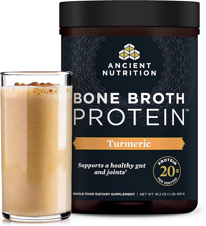 Ancient Nutrition Grass Fed Cage Free Bone Broth Protein Powder 20g Protein Hydrolyzed Collagen Peptides Keto &amp Paleo Friendly Supports Joint &amp Gut Health Turmeric 20 Servings