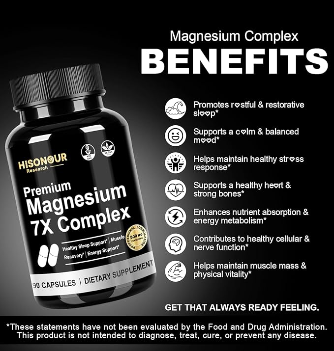 Magnesium Glycinate Complex Supplement - 7 Type Magnesium Complex with Vitamin B6 Magnesio Glycinate Citrate Malate &amp More - High Absorption Vegan Non-GMO - 90 Capsules