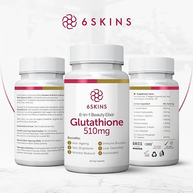 6SKINS®6in1 Beauty Elixir with Liposomal Glutathione 510mg | Glutathione Supplement 4X Better Absorption - Immune Support Liver Detox Powerful Antioxidant for Healthier Skin - 60 Capsules