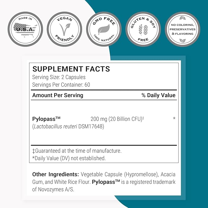 Supersmart H. Pylori Formula 20 Billion CFU per Day - Probiotic Lactobacillus Reuteri DSM 17648 Supplement | Non-GMO &amp Gluten Free - 120 Vegetarian Capsules