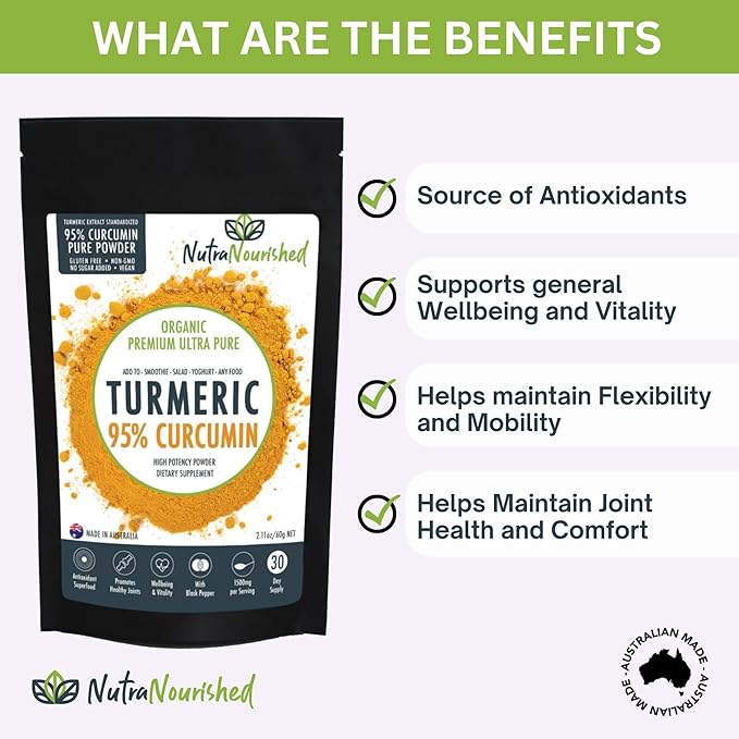 Organic Turmeric 95% Curcumin Powder – 1500mg Extract with Black Pepper – Non-GMO Vegan Gluten-Free Natural Supplement – 60g
