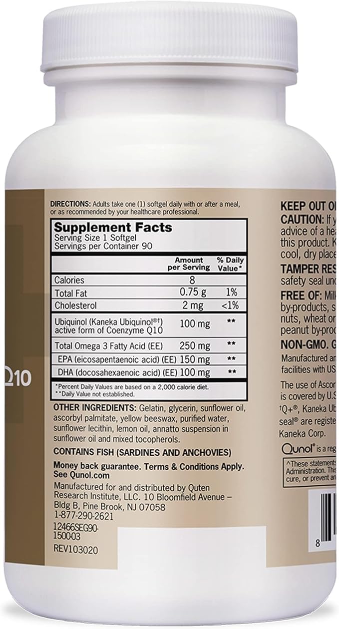Qunol Plus Ubiquinol CoQ10 100mg with Omega 3 Fish Oil 250mgExtra Strength Antioxidant Supplement90 Count (Pack of 2)