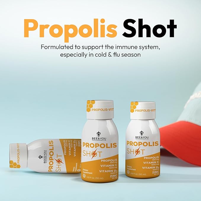 BEE and You Immune Support 100% Natural Propolis Shot Supplement Antioxidants Vitamin C VIT D3 Zinc Orange Juice Raw Honey 1.69 fl. oz x 12 Bottles