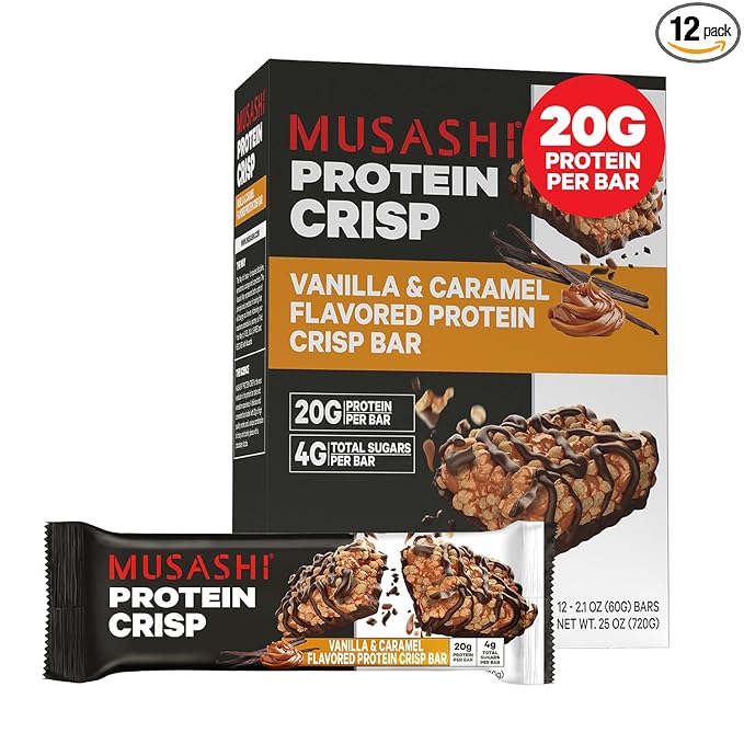 MUSASHI Protein Crisp Bar 20g Protein 4g Total Sugars Vanilla &amp Caramel Post Workout and Snack On The Go 12 Pack of 2.1oz (60g) Bars