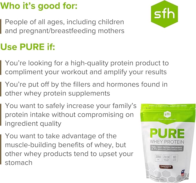 SFH Pure Whey Protein Powder (Chocolate) Best Tasting Grass Fed Whey | All Natural | Non-GMO No Artificials Soy Free Gluten Free | (Chocolate 31.6 Ounce (Pack of 1)