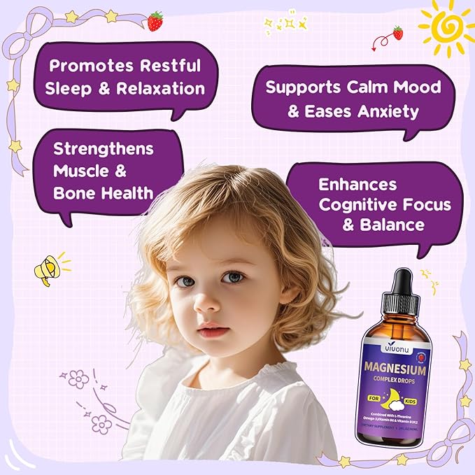 VivoNu Magnesium Drops for Kids Magnesium Glycinate Liquid for Children's Supplement with Vitamin D3 K2 B12 &amp B6 Omega 3L-theanineLemon Balm for SleepRelaxationCalmFocus Strawberry Flavor