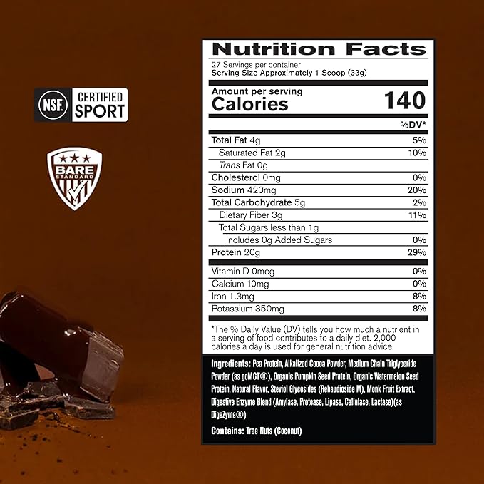 BARE PERFORMANCE NUTRITION Vegan Protein Plant Based Protein Pea Protein Watermelon Protein and Pumpkin Protein Naturally Sweetened and Flavored (27 Servings Chocolate)