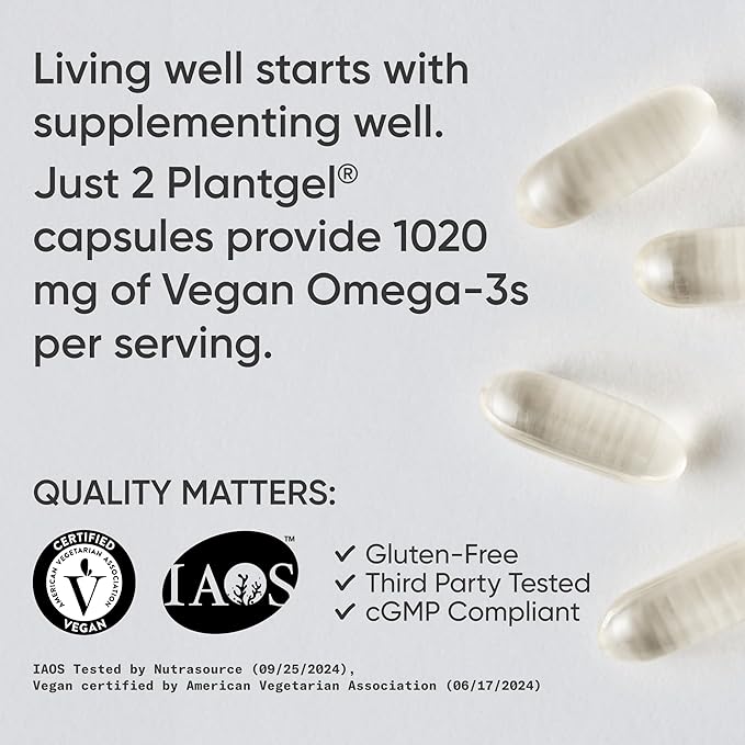 Sports Research Vegan Omega-3 Fish Oil Alternative from Algae Oil - Highest Levels of Vegan DHA &amp EPA Fatty Acids | Non-GMO Tested &amp Vegan Certified - 60 Veggie Softgels (Carrageenan Free)