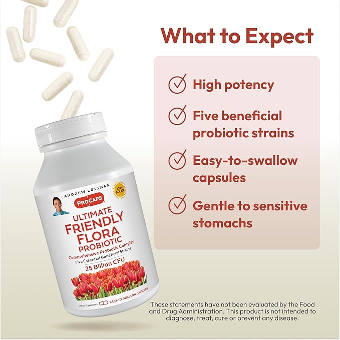 ANDREW LESSMAN Ultimate Friendly Flora Probiotic 120 Capsules - 25 Billion CFU Comprehensive Blend of Five Probiotic Strains Powerful Immune and Digestive Support. Probiotics for Women or Men