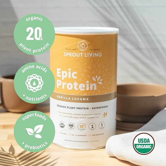 Sprout Living Epic Protein Bundle - Original Chocolate Maca &amp Vanilla Lucuma (20g Organic Plant-Based Protein Powder Vegan Superfoods) | 2lb 24 Servings
