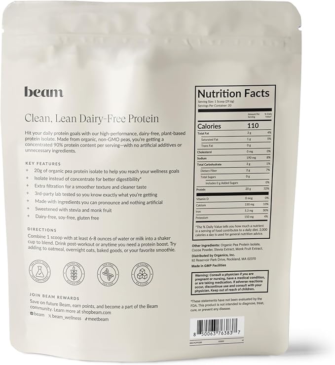 Beam Vegan Protein Powder – Organic Pea Protein Isolate 20g Plant-Based Protein per Serving Third-Party Tested No Added Sugar Dairy Free Soy Free Gluten Free 20 Servings Chocolate
