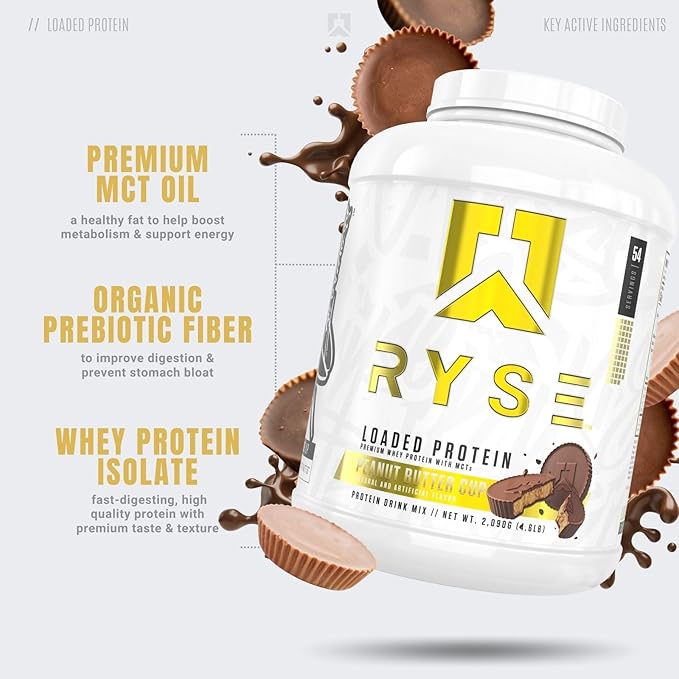 RYSE Loaded Protein Powder - Peanut Butter Cup - 25g Whey Protein Isolate &amp Concentrate with Prebiotic Fiber &amp MCTs - Low Carb Low Sugar Digestive-Friendly - 54 Servings / 4 lb Tub