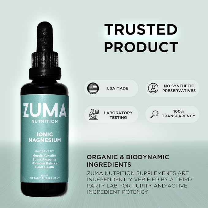 Zuma Nutrition Ionic Magnesium Liquid Tonic Vegan Natural Supplement for Cognitive Support Herbal Mineral Liquid Formula with Magnesium &amp Trace Ocean Minerals for Men &amp Women 60 ML Bottle