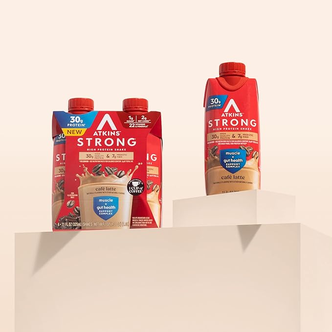 Atkins Strong High Protein Shake Café Latte Flavored 30g Protein 7g Prebiotic Fiber Muscle and Gut Health Support GLP-1 Support Low Carb Coffee Protein Shake Keto Friendly 12 Count