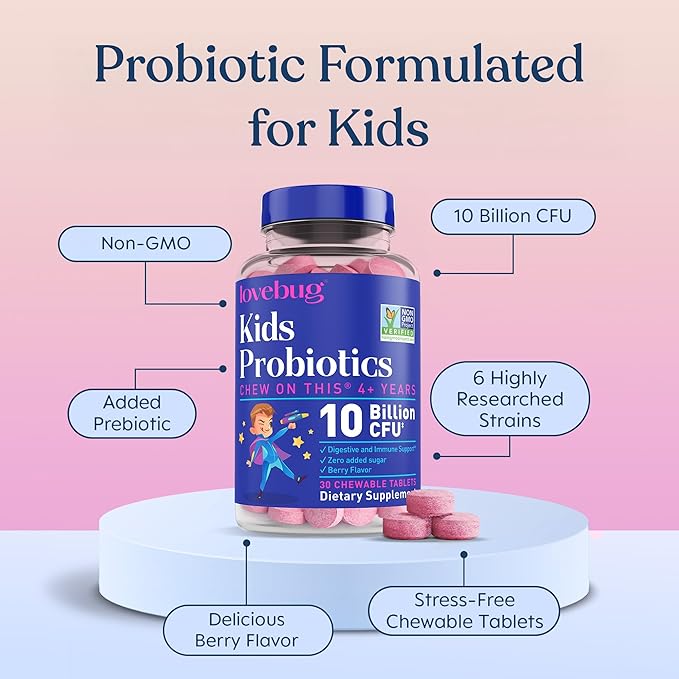LOVEBUG Probiotics for Kids – Probiotic Chewables with Prebiotic Fiber for Age 4+Daily Children's Gut Health &amp Digestive Support Supplement Sugar-Free Berry Flavor 30 Count