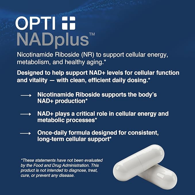 Opti + NAD Plus Capsules | NAD+ Supplement with Nicotinamide Riboside Chloride | Support Energy Healthy Aging Metabolism &amp Vitality* | 60 Capsules/30 Servings