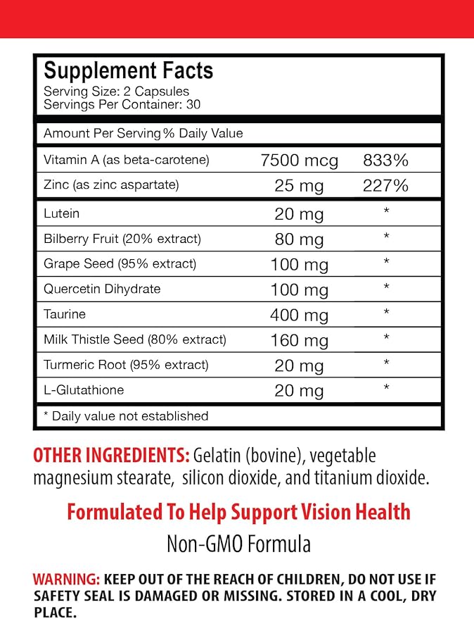 L-Glutathione - Eye Vision Guard - Grape Lutein Quercetin Dihydrate Taurine Bilberry Fruit Turmeric Root Milk Thistle L-Glutathione Grape Lutein Taurine 3 Bottles 180 Capsules